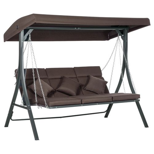 Banc à Bascule 3 Places En Métal Et Textiline, Toit Réglable, Avec Coussins, Marron