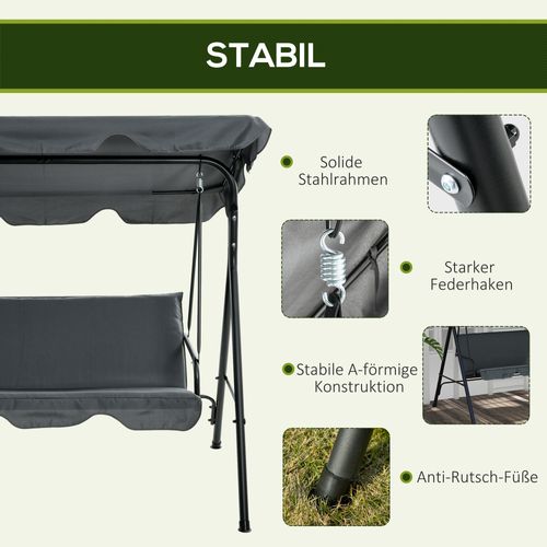 Balancelle 3 Places En Acier Avec Coussin Et Toit Réglable, 240 Kg Max, Gris