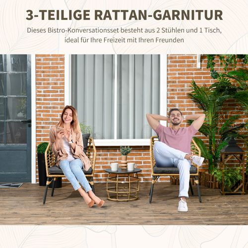 Salon Bistro Rotin 3 Pièces 2 Chaises, Table, Coussins Inclus, Mobilier Balcon , Sable/gris Foncé