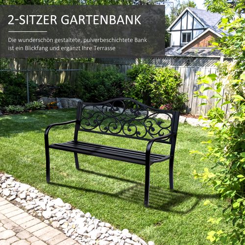 Banc De Jardin 3 Places En Acier Avec Accoudoirs En Fonte, Noir 127x60x89cm