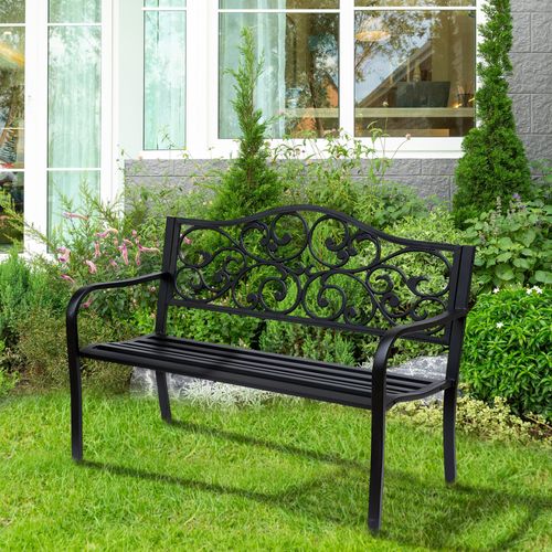 Banc De Jardin 3 Places En Acier Avec Accoudoirs En Fonte, Noir 127x60x89cm