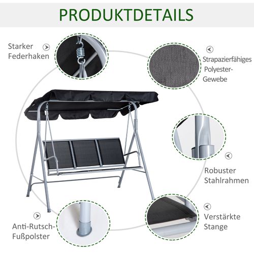 Balancelle élégante 3 Places En Métal Avec Toit, Cadre Gris Argenté, 171x108x154 Cm