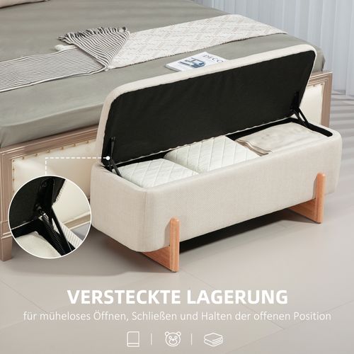 Banc Coffre En Tissu Effet Lin, Pieds Bois, Avec Charnières Sécurisées, Beige