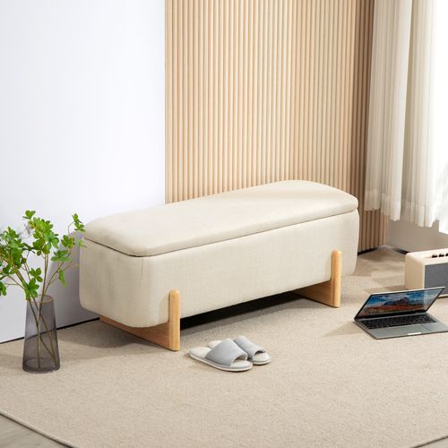 Banc Coffre En Tissu Effet Lin, Pieds Bois, Avec Charnières Sécurisées, Beige