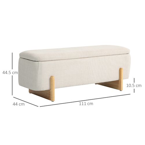 Banc Coffre En Tissu Effet Lin, Pieds Bois, Avec Charnières Sécurisées, Beige