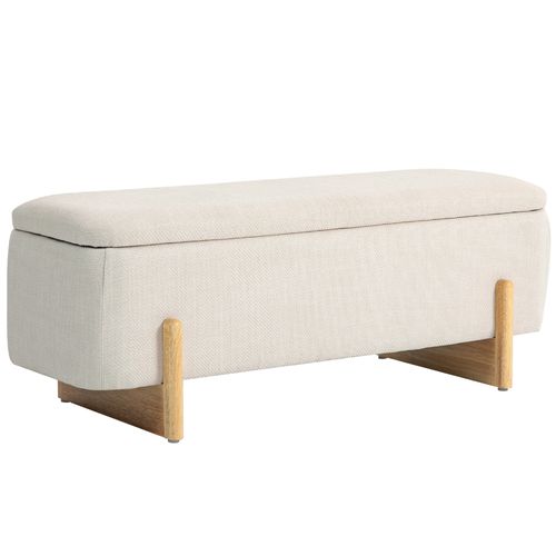 Banc Coffre En Tissu Effet Lin, Pieds Bois, Avec Charnières Sécurisées, Beige