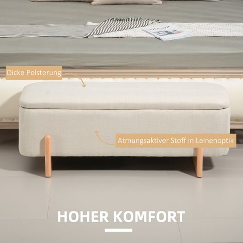 Banc Coffre En Tissu Effet Lin, Pieds Bois, Avec Charnières Sécurisées, Beige