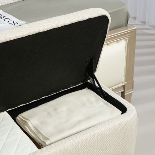 Banc Coffre En Tissu Effet Lin, Pieds Bois, Avec Charnières Sécurisées, Beige