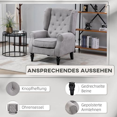 Fauteuil à Oreilles Tufté En Polyester, Pieds Bois, 74×86×102 cm, Confort élégant, Gris