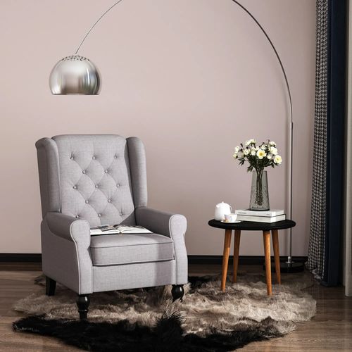 Fauteuil à Oreilles Tufté En Polyester, Pieds Bois, 74×86×102 cm, Confort élégant, Gris