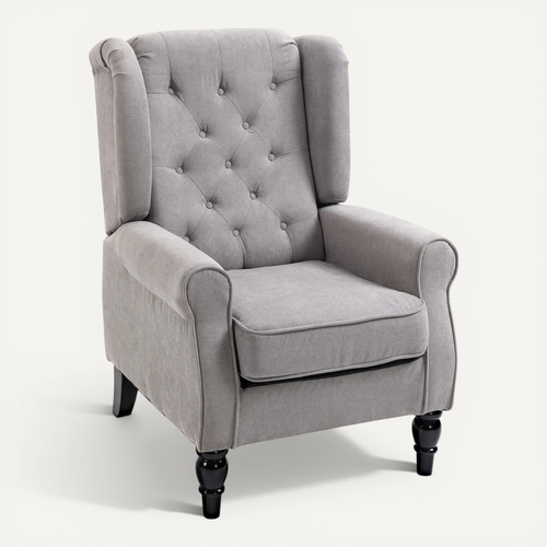 Fauteuil à Oreilles Tufté En Polyester, Pieds Bois, 74×86×102 cm, Confort élégant, Gris