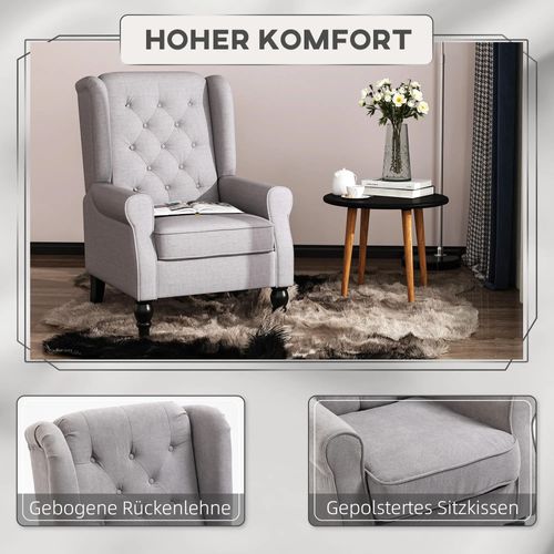 Fauteuil à Oreilles Tufté En Polyester, Pieds Bois, 74×86×102 cm, Confort élégant, Gris