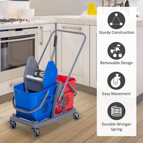 Chariot De Nettoyage Avec 2 Seaux Et 4 Roulettes, Métal/pp, Bleu/rouge 73x45x92 Cm