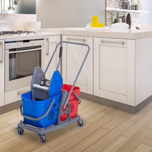 Chariot De Nettoyage Avec 2 Seaux Et 4 Roulettes, Métal/pp, Bleu/rouge 73x45x92 Cm