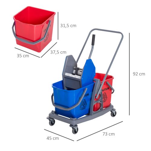 Chariot De Nettoyage Avec 2 Seaux Et 4 Roulettes, Métal/pp, Bleu/rouge 73x45x92 Cm