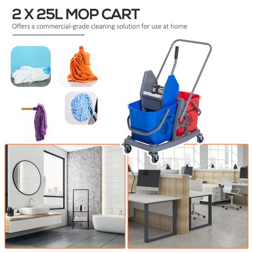 Chariot De Nettoyage Avec 2 Seaux Et 4 Roulettes, Métal/pp, Bleu/rouge 73x45x92 Cm