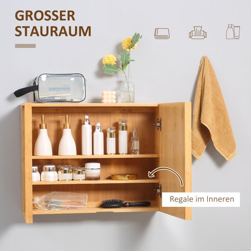 Armoire Miroir Murale Double Porte Avec 3 étagères En Bambou, Naturel