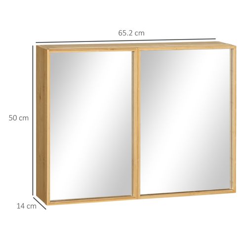 Armoire Miroir Murale Double Porte Avec 3 étagères En Bambou, Naturel