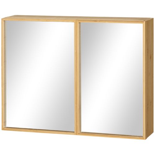 Armoire Miroir Murale Double Porte Avec 3 étagères En Bambou, Naturel