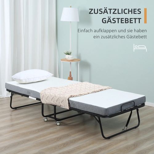 Lit pliant d’appoint avec roulettes, structure en acier et matelas en mousse, 200x75 cm