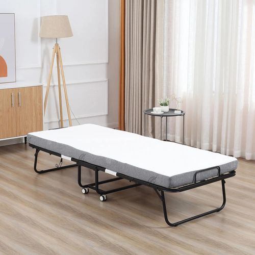 Lit pliant d’appoint avec roulettes, structure en acier et matelas en mousse, 200x75 cm