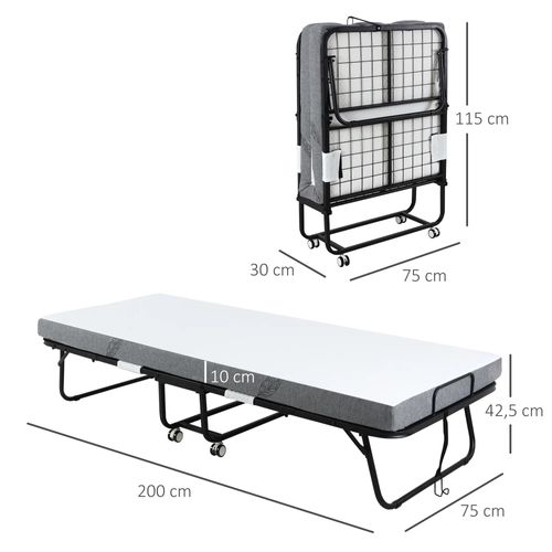 Lit pliant d’appoint avec roulettes, structure en acier et matelas en mousse, 200x75 cm