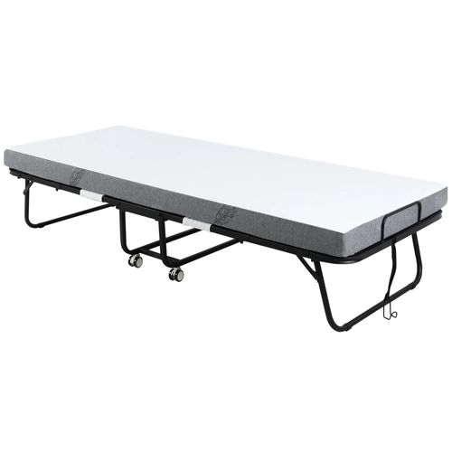Lit pliant d’appoint avec roulettes, structure en acier et matelas en mousse, 200x75 cm