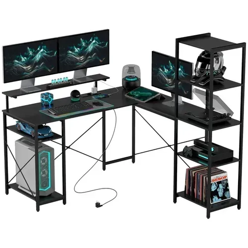 Bureau d’angle en L avec 6 étagères et station de charge USB, support écran, noir