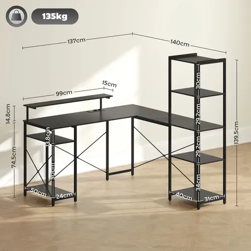 Bureau d’angle en L avec 6 étagères et station de charge USB, support écran, noir