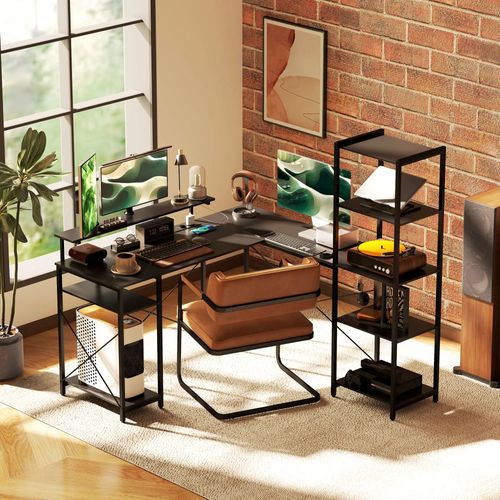 Bureau d’angle en L avec 6 étagères et station de charge USB, support écran, noir