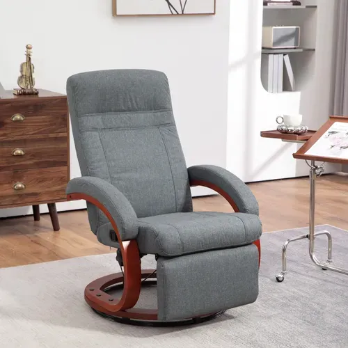 Fauteuil Relax Pivotant Avec Dossier Inclinable Et Repose-pieds, Accoudoirs Bois, TV, Salon, Gris