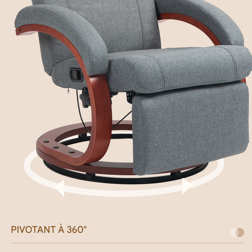 Fauteuil Relax Pivotant Avec Dossier Inclinable Et Repose-pieds, Accoudoirs Bois, TV, Salon, Gris