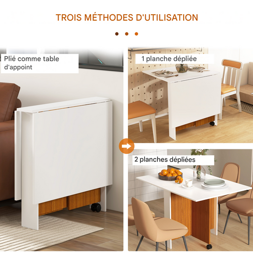 Table Pliante Mobile Avec Plateau Rabattable Et Roulettes Pour Cuisine, Blanche, 120 X 80 Cm