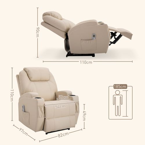 Fauteuil électrique En Simili 82x97x110 Cm Avec Massage Et Fonction Allongée, Beige