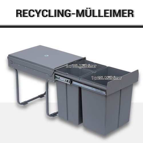 Poubelle De Cuisine Sous évier En Métal Avec 3 Compartiments Amovibles 1 X 20 L Et 2 X 10 L, Gris