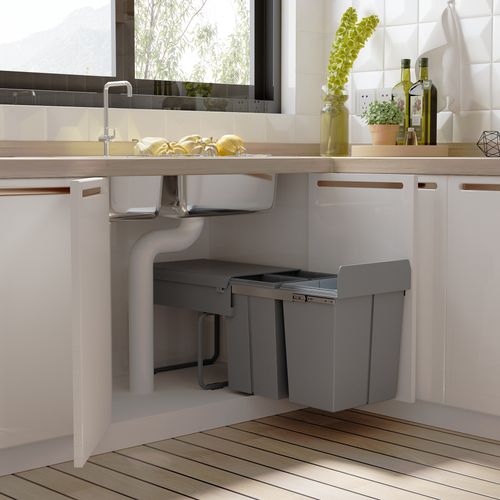 Poubelle De Cuisine Sous évier En Métal Avec 3 Compartiments Amovibles 1 X 20 L Et 2 X 10 L, Gris
