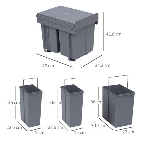 Poubelle De Cuisine Sous évier En Métal Avec 3 Compartiments Amovibles 1 X 20 L Et 2 X 10 L, Gris