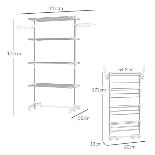 Séchoir à Linge Mobile En Abs Pliable Avec 4 Niveaux, Roulettes, Ailettes, Blanc