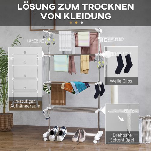 Séchoir à Linge Mobile En Abs Pliable Avec 4 Niveaux, Roulettes, Ailettes, Blanc