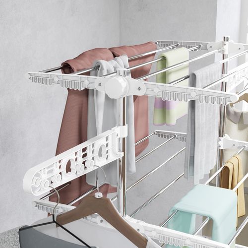 Séchoir à Linge Mobile En Abs Pliable Avec 4 Niveaux, Roulettes, Ailettes, Blanc