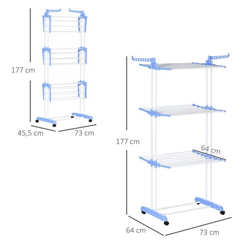 Séchoir à Linge En Acier Extensible Roulable 4 Niveaux Pour Intérieur Et Extérieur, Bleu