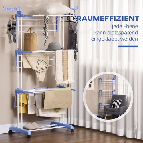 Séchoir à Linge En Acier Extensible Roulable 4 Niveaux Pour Intérieur Et Extérieur, Bleu