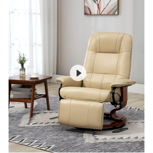 Fauteuil Relax En Simili, Repose-pieds, Pivotant 360°, Pieds Bois, Crème