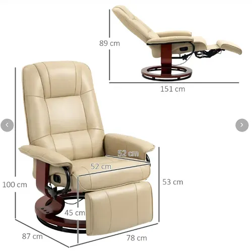 Fauteuil Relax En Simili, Repose-pieds, Pivotant 360°, Pieds Bois, Crème