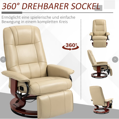 Fauteuil Relax En Simili, Repose-pieds, Pivotant 360°, Pieds Bois, Crème