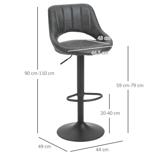 2 Tabourets De Bar Pivotants Avec Repose-pieds, Simili, Métal, 44 X 49 X 90-110 Cm, Gris