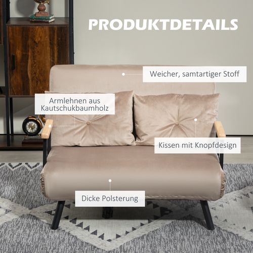 Canapé 2 Places En Velours Avec Fonction Lit, Dossier Réglable 5 Positions, Marron Clair