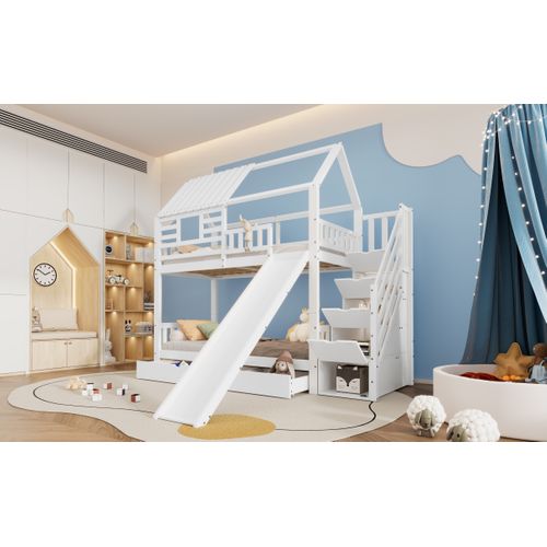 Lit Superposé Bois Mdf 90x200 Avec Escalier Rangement Tiroirs étagères Enfant ,  Blanc