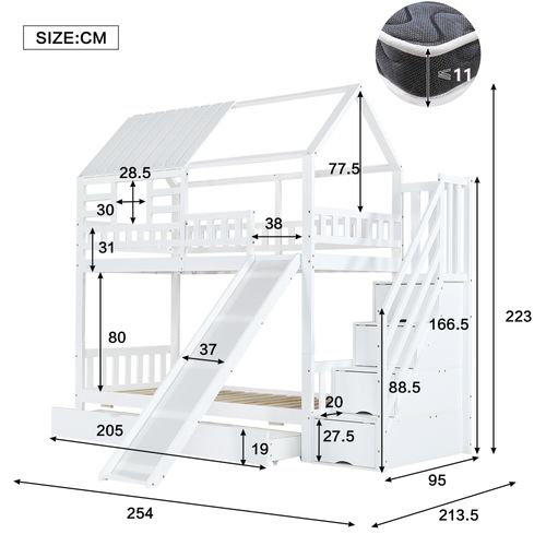 Lit Superposé Bois Mdf 90x200 Avec Escalier Rangement Tiroirs étagères Enfant ,  Blanc