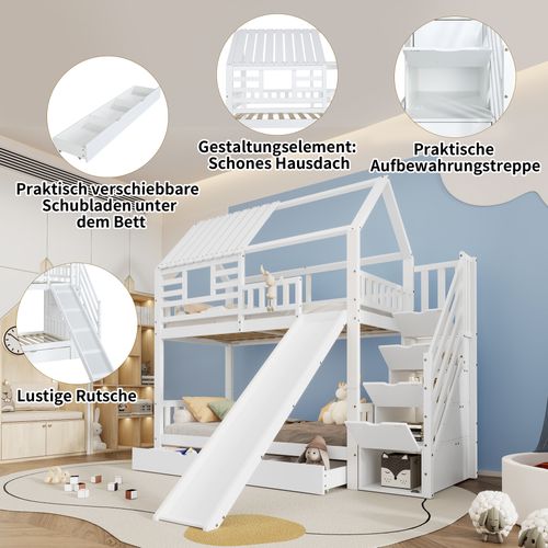 Lit Superposé Bois Mdf 90x200 Avec Escalier Rangement Tiroirs étagères Enfant ,  Blanc
